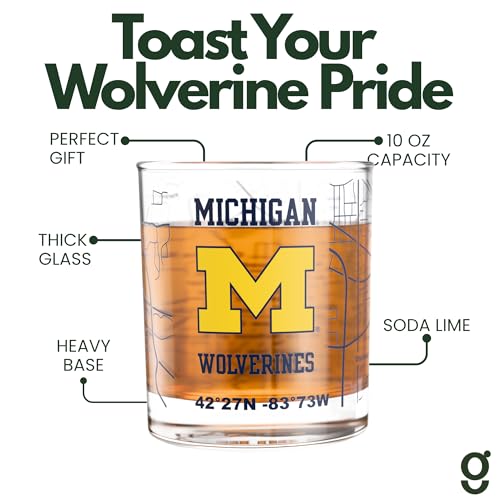 Image of Greenline Goods University of Michigan Wolverines Whiskey Glasses Set of 2, 10 oz Rocks Glasses with Full-Color Logo & Campus Map - Officially Licensed Bourbon Glass Gift for Alumni & Fans