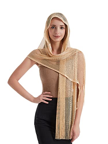 JK Home 190cm Etole Châle Élégante Echarpe Foulard Frange Pashmina Métallique Brillant Résille Bal Mariage Soirée Or Clair
