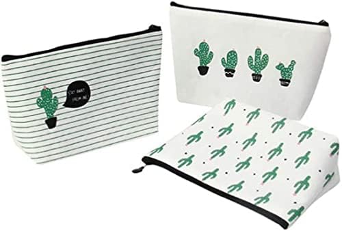 Large Cactus Pencil Case, 3PCS Canvas Pen Bag Cactus Designed Stationery Pencil Pouch Case Travel Cosmetic Bag Set for Women Girls (Cactus)