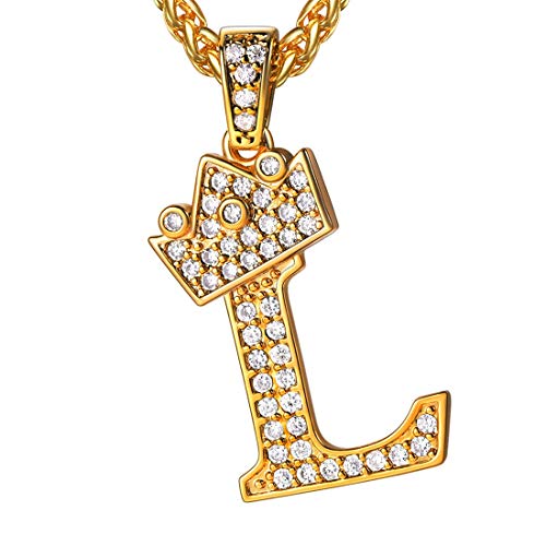 U7 Crown Initial Necklace Men Women, Bling Diamond A-Z 0-9 Letter Pendant with Wheat Chain, Silver/Black/Gold Plated CZ Alphabet Number Hip Hop Jerser