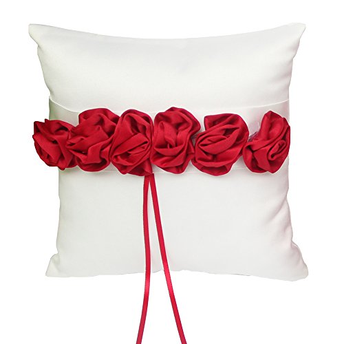 4Pcs Wedding Sets Flower Girl Basket + Ring Bearer Pillow + Guest Book With Pen + Pen Set Holder Decorated With Satin Rose For Rustic Bridal Wedding Shower Ceremony Anniversary-Red #TOP1