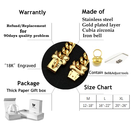 Abaxaca Gold Dog Collar Adjustable Stianless Steel 15Mm 18K Big Dog Cuban Link Collar Necklace Chain S/M/L (S, Gold) #TOP1