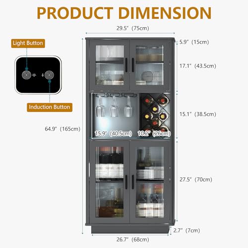 LVSOMT LED Wine Bar Cabinets with Removable Wine Rack, Bar Cabinets for Liquor with Light Motion Sensor, Kitchen Cabinet Storage for Dinning Room, Living Room (Grey)