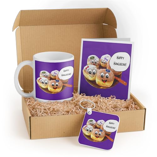 3dRose Hanukkah Gift Set for Kids - Colorful Mug, Card, and Keychain Featuring Cartoon Jewish Donuts - Perfect for Holiday Celebrations and Friends