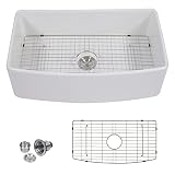 33 Inch White Farmhouse Sink - Beslend Curved Apron Front Single Bowl Farm Kitchen Sink, Large & Dee