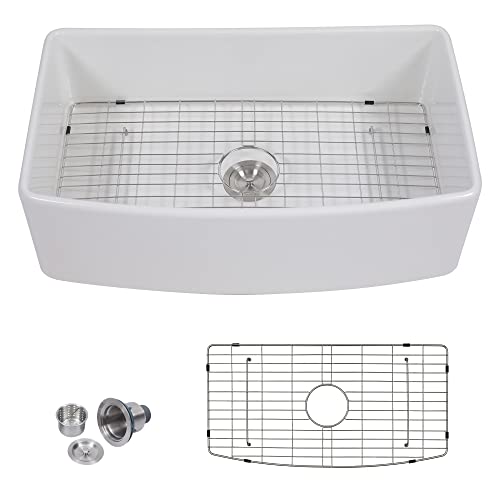 33 Inch White Farmhouse Sink - Beslend Curved Apron Front Single Bowl Farm Kitchen Sink, Large & Deep Ceramic Porcelain Fireclay Farm Sink Basin With Bottom Grids & Strainers #TOP7