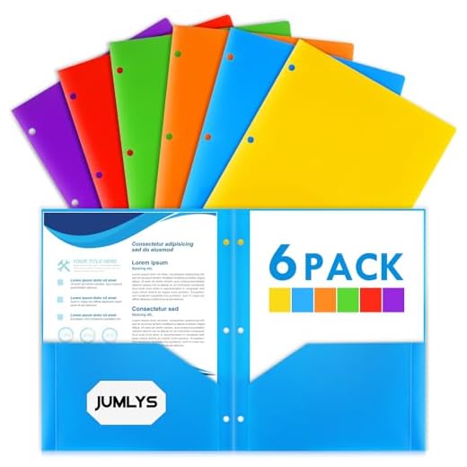 Jumlys 6 Pack 2 Pocket Folders with 3 Holes Punch, Plastic Folder for 3 Ring Binder, Heavy Duty Folders with Pockets for Letter Size Paper, Multicolor Folder for School and Office