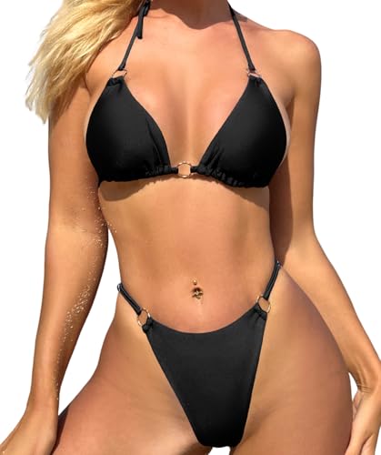 Image of MIKETAI Sexy Bikinis for Women 2 Piece Bikini Spaghetti Strap Swimsuits Solid Color Bathing Swimwear Triangle Bathing Suit