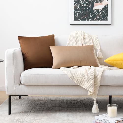 Image of Mixhug Decorative Throw Pillow Covers, Velvet Cushion Covers, Solid Throw Pillow Cases for Couch and Bed, Mustard Yellow, 16 x 16 Inches, Set of 2