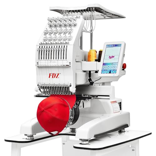 Embroidery Machine with 12 Needles, 9.45" x 12.60" Embroidery Area,1200SPM Max Speed,7In Touch Screen, capable of embroidering on 3D Caps, Flat, T-shirt and more，Wifi Available (White)