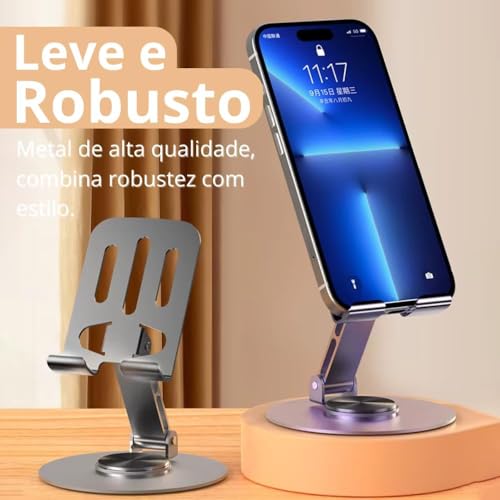 Suporte de Celular de Mesa em Alumínio com Base Rotativa 360° - Ajustável e Dobrável para Smartphone