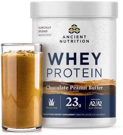 Ancient Nutrition Grass Fed Whey Protein, Chocolate Peanut Butter, 23g Protein, 18 Servings, Hydrolyzed Collagen Peptides, Organic Regenerative A2/A2 Milk Protein