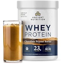 Ancient Nutrition Grass Fed Whey Protein, Chocolate Peanut Butter, 23g Protein, 18 Servings, Hydrolyzed Collagen Peptides, Organic Regenerative A2/A2 Milk Protein