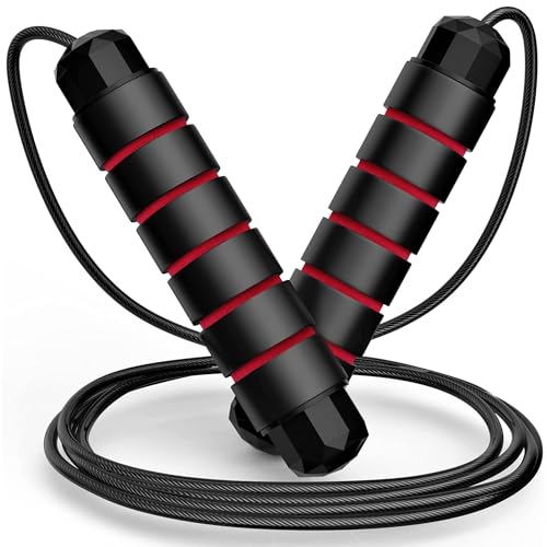 Jump Rope for Fitness, Adjustable Speed Jump Rope with Ball Bearings, Tangle-Free Skipping Rope for Women Men Kids, Durable Steel Cable with Soft Foam Handles for Cardio Workout, Weight Loss & Home Gym Exercise