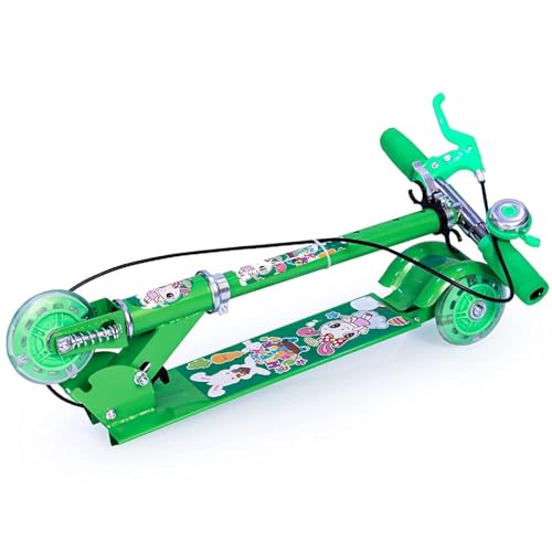 Image of Foldable Kick Skating Cycle LED Wheels | Kids 3 Wheel Kick Scooter with Adjustable Handlebar & Hight, Front Brake, Bell and Printed Deck | Skate Scooter for Kids Age 2-12 Years. (Green)