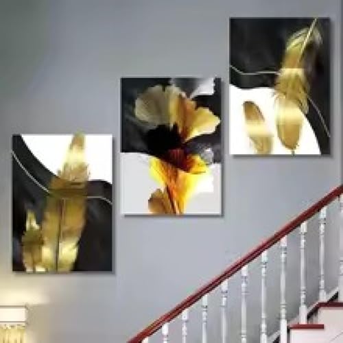 Images d'art mural plumes dorées premium toile haut de gamme triptyque moderne
