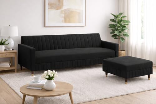 Image of Wooden L Shape Sofa 4 Seater with Ottoman | Velvet Fabric Upholstery | Modern Sectional Wooden Frame Couch for Living Room, Home & Office (Black)