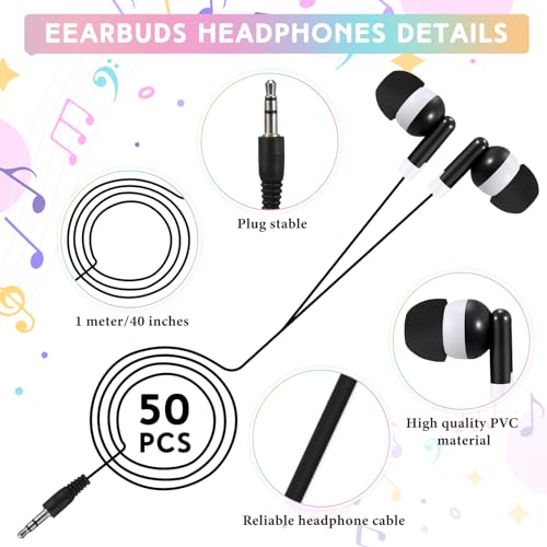 Image of 50 Pack Earbuds Wired Bulk for Classroom 3.5mm Jack, Black