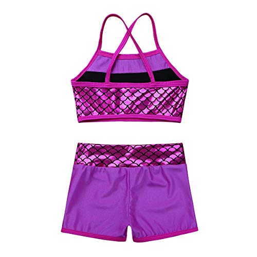 Image of easyforever Kids Girls 2PCS Shiny Mermaid Scales Ballet Dance Outfit Crop Top with Short Tankini Swimsuit
