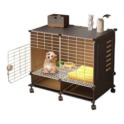 犬ケージ、ペットケージ、トレイ付きペットハウス、お手入れ簡単、特大のフリースペース、上部収納、猫ハウス、小型・中型犬に最適、トイレ付き、キャスター付きで移動可能、屋内・屋外兼用 (ダークグレー, 70×35×69cm)