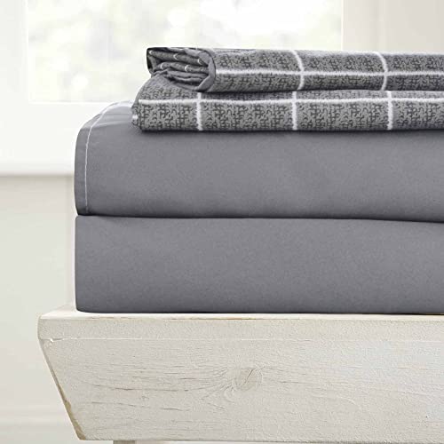 Queen Bed Sheet Set 4 Pcs, Grey Grid / Gray Plaid Geometry Pattern Soft Microfiber Bedding Sets - Flat Sheet 90X102, Fitted Sheet 60X80 And 14 Inch Pocket, 2 Pillowcases, Modern Style For Women Men #TOP7