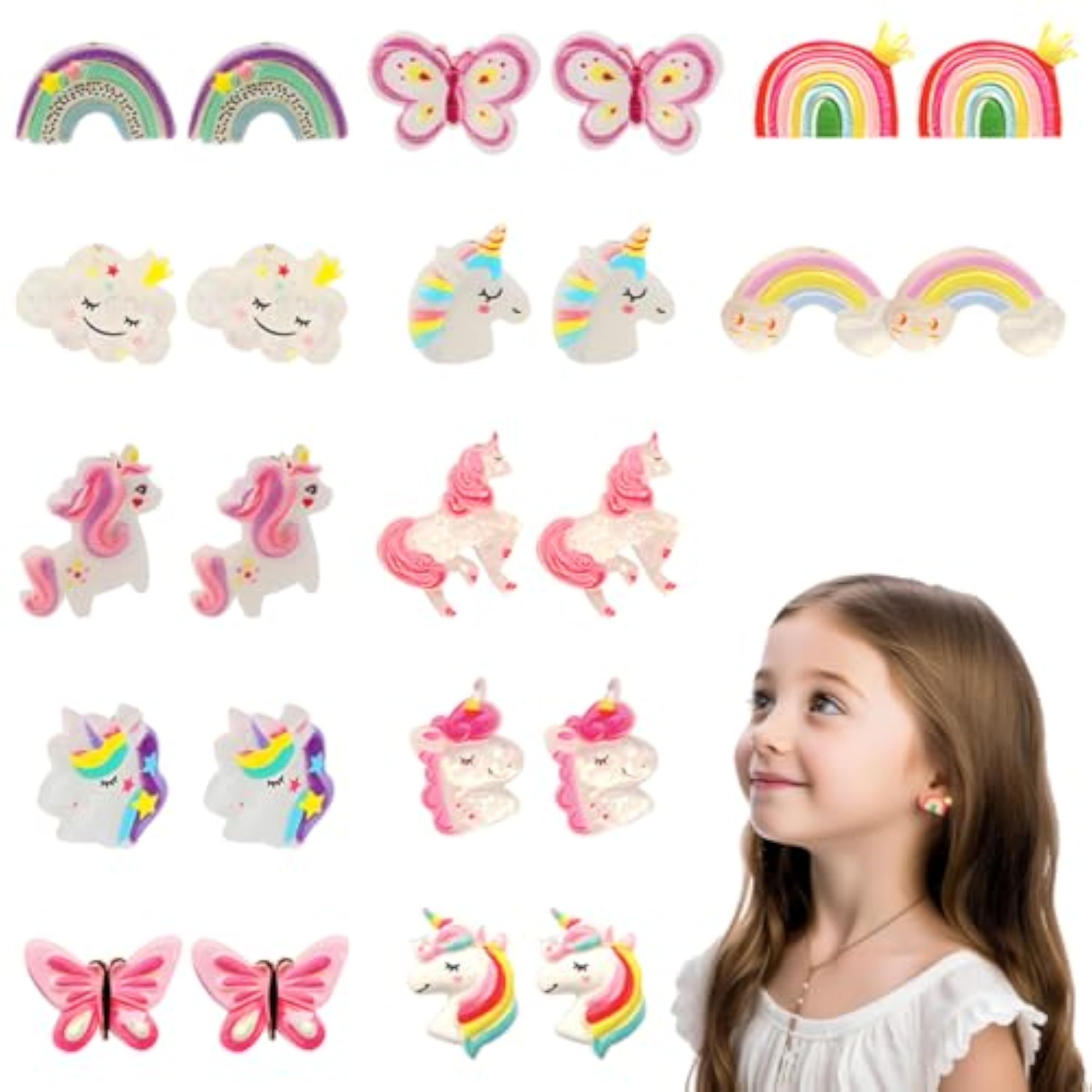 12 Pares de Pendientes de Clip para Niñas, Sin tipo de metal, Lindo Pendientes de Resina no Alérgicos, Accesorios de Joyería de Princesa para Niñas, Unicornio