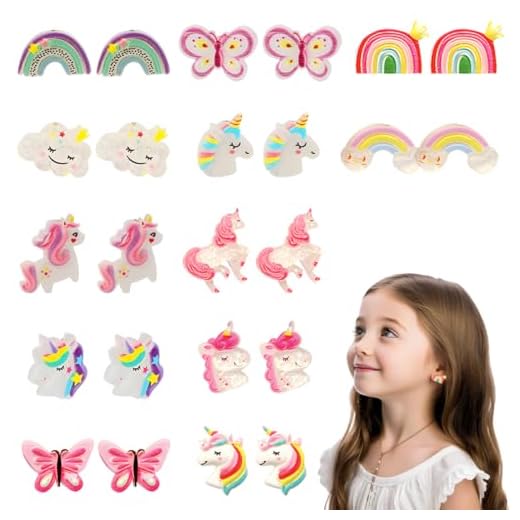 12 Paar Klipp Ohrringe Kinder Mädchen, Ohrclips Mädchen, Ohrklipser Kinder, Clip Ohrringe Magnet, Hübsch-Einhorn-Prinzessin-Ohrring Set