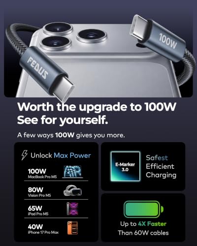 Image of FEDUS ZETTA 100W Type C to Type C Fast Charging Cable Compatible For Iphone 17 /16 /15, Samsung S26 /25 /24, Nothing 3 /2 /1, Ultra Fast Charging Cable