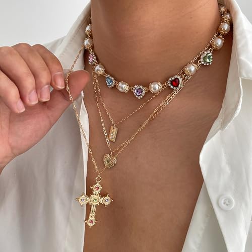 Colorful Daisy Pearl Choker Necklace - Rainbow Rhinestone Flower Faux Pearl Choker Layered Heart Choker Cross Pendant Statement Necklaces Elegant Old Money Jewelry for Women4