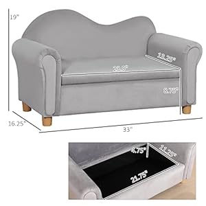 Qaba Ergonomic Foam Kids Sofa with Inner Toy Storage Chest Velvet Kids Couch with Soft Arms Childrens Lounge Furniture Gray