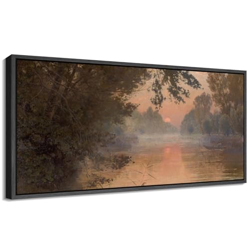 Image of MUDECOR Extra Large Framed Canvas Print Wall Art Serene River Sunset Reflection Soft Nature Landscape Antique Retro Ready to Hang Painting for Living Room Bedroom Multi-Sizes - 60 inchx30 inch