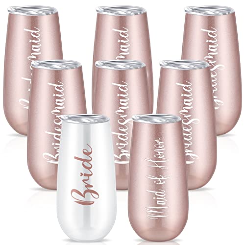 Bridesmaid Wine Tumblers Set of 8, Bride Champagne Flute Maid of Honor Bride Mugs, 6 oz Stainless Steel Bridesmaid Proposal Gifts for Engagement Wedding Bachelorette Party Supplies (Rose Gold) by Lauwell - Used condition - US$23.10