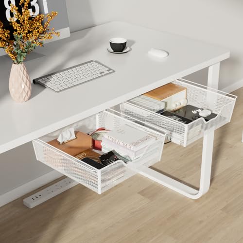 smusei 2er-Pack Selbstklebende Schubladen Unter Schreibtisch Metallgeflecht Versteckte Schublade Unter Tisch für Akten und Papiere, 33 × 31 × 9.5 cm, Weiß