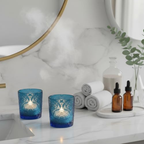 6 Pack Mandala Embossed Glass Candle Holders &ndash; Votive Tealight Holders with Patent Design, Decorative Embossed Glass Cups for Wedding Centerpieces, Parties, and Home D&eacute;cor (Ocean Blue)