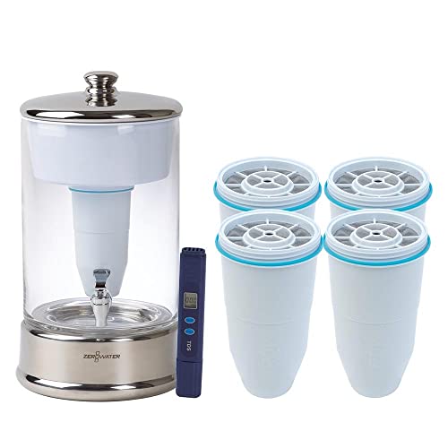 Zerowater 40-Cup Glass Dispenser- Ready Pour Technology, 2.5 Gallon With Free Tds Meter And 4 Replacement Filters #TOP23