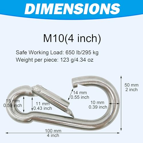 Outmate 316 Stainless Steel Carabiners -4 inch Heavy Duty, Durable & Rust-Free Clips for Gym, Swing, Dog Leashes, Hammocks, Keychains, and More(316,M10,Pack of 2) by Outmate - Image 3