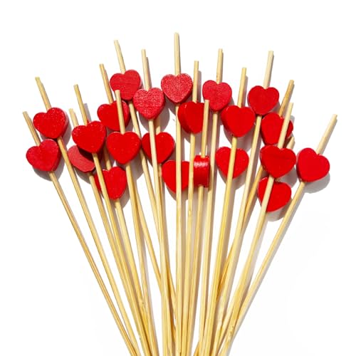 Cocktail Picks, 4.7 Inch Red Heart Toothpicks for Appetizers,100 PCS Bamboo Cocktail Sticks Skewers for Desserts Charcuterie Fruit food for Baby Shower Wedding Valentines Day Decoration Party Supplies