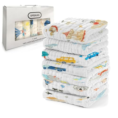 EMSAAG Car Pattern Baby Washcloths Pack of 7 - Absorbent Cotton Bath and Face Towels, Soft Face Cloths for Newborn, Burp Cloths,Sweating Towels for Babies and Infants - 10 x 10