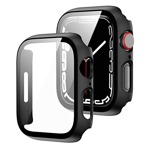 Wigento Für Apple Watch Serie 9/8 / 7 41mm 2 in 1 Shockproof TPU Silikon Hülle Cover + H9 Hart Glas Schwarz