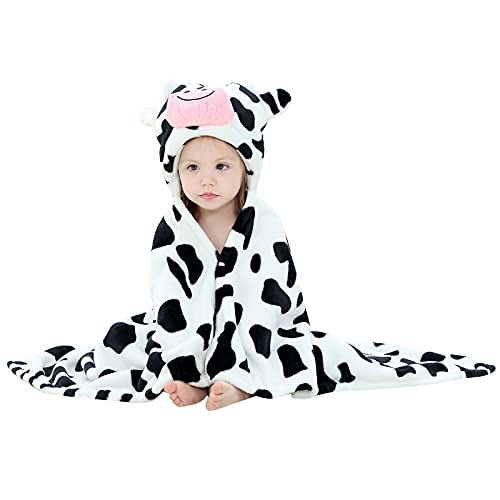 Image of MICHLEY Baby Hooded Swaddling Blanket for Boys Girls, Animal Face Toddler Fall Winter Throw Blankets 0-3 Years(Cow)