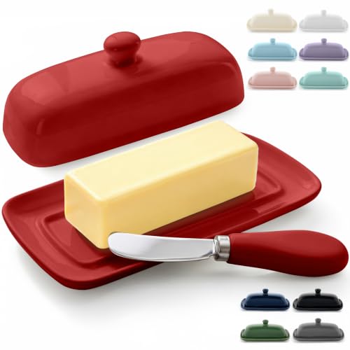 Image of Zulay Kitchen Butter Dish With Lid For Countertop - Porcelain Red, Ceramic Butter Dish with Knob Handle Great for Cooking - Elegant Design Butter Holder - Durable & Sturdy Butter Keeper - Red