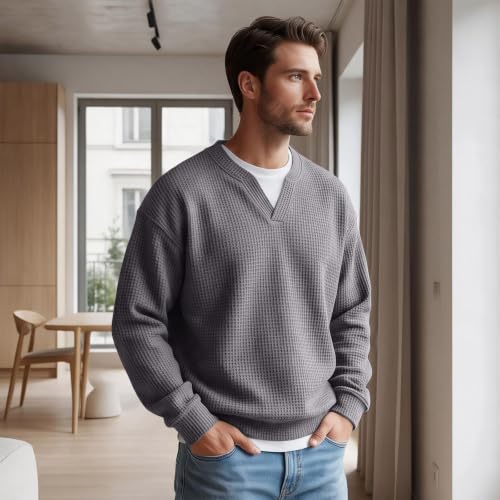 Mens Waffle Shirt Long Sleeve V Neck Fake 2 Piece Casual Layered Shirt - image 2