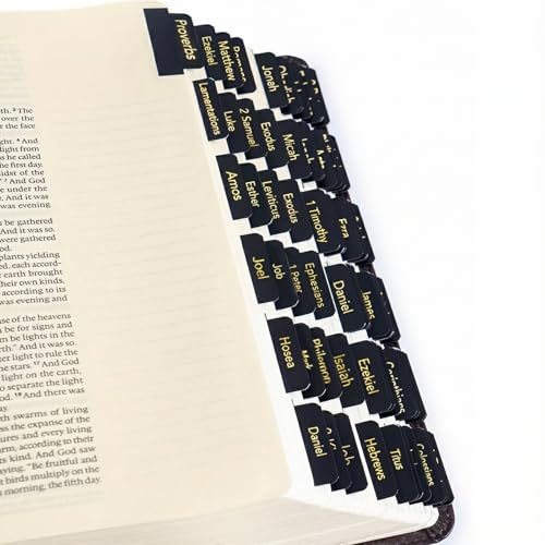 75PCS Bible Tabs for Study Bible - Bible Tabs with Position Guide Black Gold Foil LaminatedEasy to Read Labels (39 OT 27 NT 9 Blank) Water-Resistant Scripture Markers Gift for Women Men