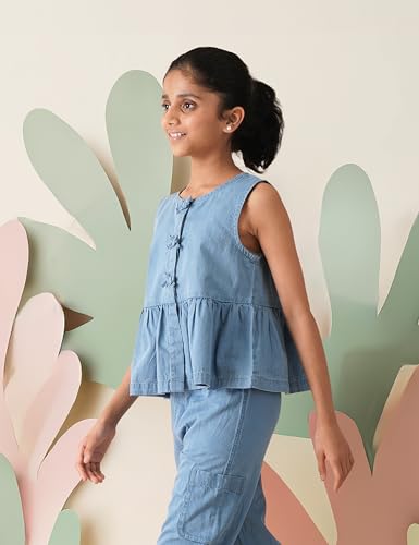 Image of Amazon Brand - Symbol Girl's Solid Denim Relaxed Fit Woven Crop Top
