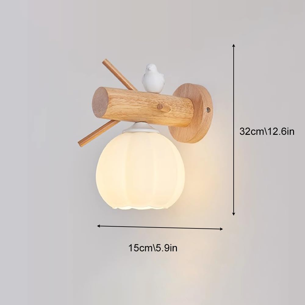 Drewniana lampka nocna, lampa ścienna w kształcie gałęzi ze szklanym kloszem, dekoracyjna lampa w kształcie ptaka, gniazdo E27, nowoczesna designerska lampa ścienna do sypialni o
