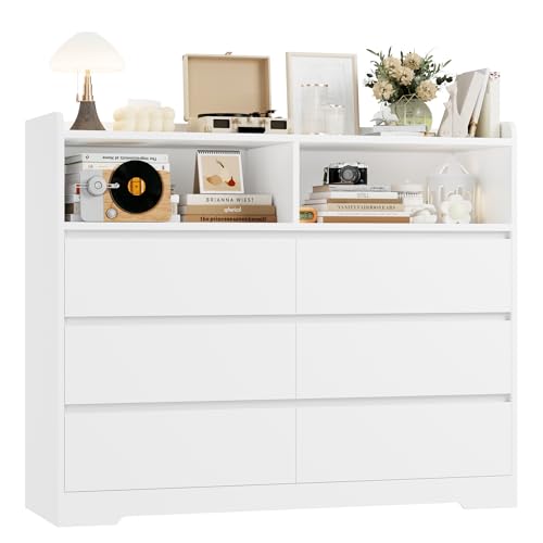 FOREHILL Kommode mit 6 Schubladen 120cm breit Sideboard Komodenschrank für Schlafzimmer Wohnzimmer Flur, 120x40x100cm Weiß