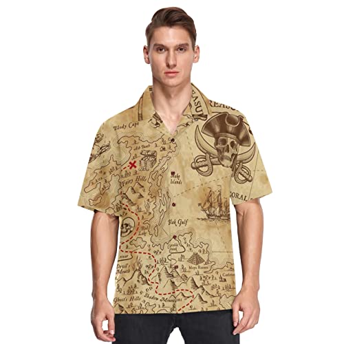 Men's Hawaiian Shirts Retro Antique Pirates Adventure Treasure Map Compass Short Sleeve Beach Shirt Button Down Summer Shirts