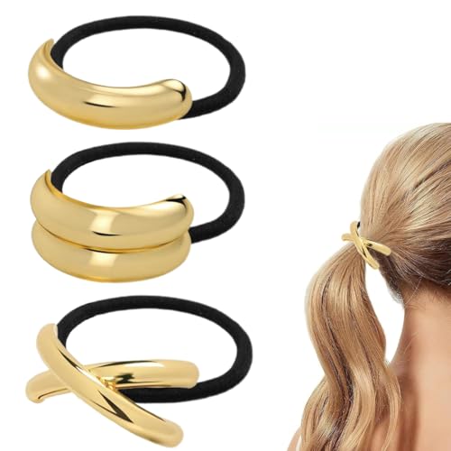 MIRKUZI Elastici e fermacoda Confezione da 3 fasce in metallo, fasce per coda di cavallo, fasce elastiche in metallo dorato,fasce per capelli folti, accessori per capelli con coda di cavallo da donna