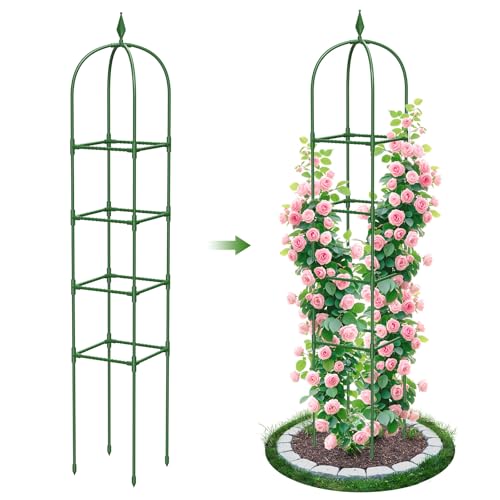 1er Set Garten Obelisk Rankgitter, 180 cm Metall Rankgitter, Rankhilfe Obelisk für Rosen Clematis Kletterpflanzen, Pflanzturm mit Pulverbeschichtung Rostschutz, Innen & Außen, Grün (4 Layers)