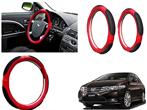 Image of Microfiber Car Steering Wheel Cover, Soft Padding Great Hand Feel, Anti-Slip, Faux Leather Steering Cover for Honda City Ivtec | Black Red Jali - Pack of 1